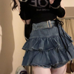 Naiste l&uuml;hike seelik, suur k&otilde;rge v&ouml;&ouml;kohaga disainiga teksaseelik Retro volangidega puusaseelik topelt plisseeritud seelik S sinine