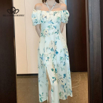 Uus prantsuse stiilis roosimustriline kaelusega pikk kleit naiste vintage kandiline kaelusega l&uuml;hikeste varrukatega kleit S beež