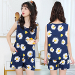 Naiste pidžaamakomplekt suvine seksikas magamisriietus varrukateta pesu puuvillane O-kaelusega puhas v&auml;rvi vest + tr&uuml;kised l&uuml;hikesed p&uuml;ksid, 2-osaline komplekt 4XL L valge/tumesinine