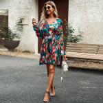 Naiste s&uuml;gistalv V-kaelusega latern, varrukas, pits, k&otilde;ik sobivad lillelised elegantsed tr&uuml;kitud kleidid S sinine