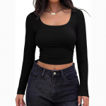 2024. aasta moodne Slim Fit seksikas l&uuml;hike T-s&auml;rk naiste pikkade varrukatega ruudu kaelusega naiste T-s&auml;rk Solid Elegant Office Lady Crop Tees 30519 S must
