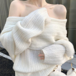 2024. aasta kevaddisain Seksikas valge kootud naiste kampsun pikkade varrukatega puhast v&auml;rvi Korea moe Y2k r&otilde;ivad Elegantne Pullover Naistele S valge
