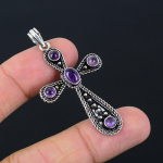 Natural Sage Amethyst Handmade 925 Sterling Silver Gift Cross Pendant 2.10 o9y72