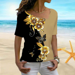Naiste 3D kuldse lillega tr&uuml;kisega ilutulestiku &otilde;itsemise ebaregulaarne krae l&uuml;hikeste varrukatega naiste T-s&auml;rk XS kuld