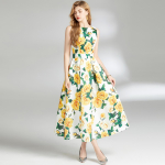 Suvine mood Kollane Roos Jacquard Suvekleit Naiste Elegantne Varrukateta &Otilde;huke Drapeeritud peokleit &Uuml;hes t&uuml;kis naister&otilde;ivad S kollane