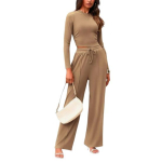 2 tk/komplekt Naiste Top P&uuml;ksid Komplekt &Uuml;mar Kaelus Pikad Varrukad Slim Fit Top K&otilde;rge V&ouml;&ouml;koht Paelaga Laiad P&uuml;ksid Treeningriided Vabaaja Igap&auml;evane Riietus S khaki