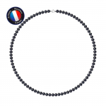 PERLINEA - Collier Perle de Culture d'Eau Douce AAA+ Semi-Ronde 5-6 mm Noire - Anneau Ressort - Argent 925 Milli&egrave;mes - Bijoux Femme