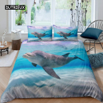 3D Dolphin In Blue Sea Queen King Size voodipesukomplektid Loomade &Uuml;hekordne tekikott Lastele T&auml;iskasvanute voodi Pol&uuml;esterst voodiriided 155x215cm 3pcs