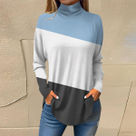 Naiste moodne vabaaja k&otilde;rge kaelusega tr&uuml;kitud pikkade varrukatega T-s&auml;rk, pullover L sinine