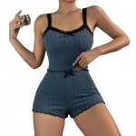 2 tk/komplekt Naiste suvine pidžaama &uuml;likond Shirring Edge varrukateta seljata k&auml;rbitud &uuml;laosa pitsist vibudekoratsiooniga K&otilde;rge v&ouml;&ouml;kohaga mini l&uuml;hikesed p&uuml;ksid igap&auml;evane &ouml;&ouml;s&auml;rk Slim Fit magamisriided S tumesinine v&auml;rv