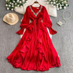 Naister&otilde;ivad Prantsuse tippklassi elegantne kleit Moodne helmestega teemant V-kaelusega v&ouml;&ouml;koht Temperamendi &otilde;ukonna stiilis pikk kleit M punane