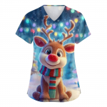 Women's V-neck Christmas printed short-sleeved pocket side-slit protective suit top XXXXXL