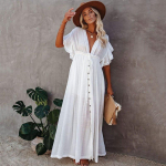 Bikiinid Cover Up Naiste Boheemian Beach Maxi Kleit Puuvillane V kaelus, volangidega Elegantne tuunika Ujumisriided R&uuml;&uuml;, Pikk Naiste One Size valge