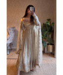 Naiste Bollywoodi peokleit Fandy siidist kleit p&uuml;ksid dupattaga komplekt India disaineri Anarkali salwar &uuml;likond M valge