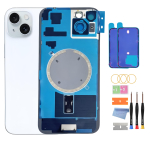Tagumine kate iPhone 15 jaoks (6,1-tolline) Klaasist tagakaane, keskmise raami, SIM-kaardi salve ja remondit&ouml;&ouml;riistadega 15-BG-Blue blue