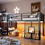 90x200 cm Suur metallist narivoodi raam treppide, panipaiga, LED-valgustuse ja akendega, must 257 x 98 x 128 cm must