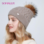 SOMALER Naiste talvised soojad kootud m&uuml;tsid karusnahaga Pompom Pehme angooravillane mansett Twist Dome Beanie Naiste &uuml;hev&auml;rviline pealuu m&uuml;ts kaamel