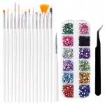 17 tk k&uuml;&uuml;nekunsti komplekt 2 mm k&uuml;&uuml;nte s&auml;raga kivid + 15 tk pintslid pliiats + mustad kumerad pintsetid n&auml;pitsa valimist&ouml;&ouml;riist manik&uuml;&uuml;ri tarvikud