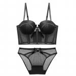 Uus naiste aluspesu Seksikas Push Up rinnahoidja komplekt pitsv&otilde;rgust l&auml;bipaistev rinnahoidja, must kalaluu ​​kehakujundaja top Bow Kaunista intiimsed 80C must