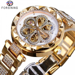 FORSINING Automaatne Mehaaniline K&auml;ekell Skelett-Numbrilaud Mood Vabaaja Rhinestone Veekindel Naiste K&auml;ekell Elegantne Daamidele kuld
