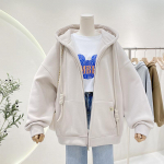 Naiste fliisist kardiganist kampsun kapuutsiga jakk, vaba t&otilde;mblukuga vabaaja paks soe topp M helehall v&auml;rv