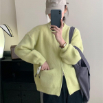 Korea versioon soliidne kampsun kardigan naiste tasku lukuga kootud jakk Kevad- ja s&uuml;gisene kaelusega kampsun kampsuniga One Size must