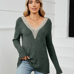 S&uuml;gisene alaosa t&auml;is V-kaelusega silmkoeline T-s&auml;rk Naiste pikkade varrukatega avarad elegantsed t-s&auml;rgid naiste pitstriibulised vabaaja naiste trikid 30114 S orion i v&auml;rv