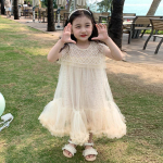 T&uuml;drukute v&otilde;rgust p&auml;rlitega kleit Beebi marli varrukateta mood printsess t&uuml;ll kohevad kleidid lastele s&uuml;nnip&auml;evapeo riided 4T beež