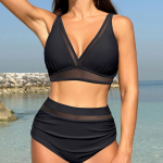 Naiste ujumisriided, 2-osaline k&otilde;rge v&ouml;&ouml;kohaga polsterdatud bikiinid Push Up bikiinikomplektid, kaheosalised V-kaelusega ujumiskost&uuml;&uuml;mid L