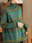 Johnature naiste Pullover Vintage kampsunid, kaelusega pikkade varrukatega, kevadkootud puuvillased naiste vabaaja pehmed kampsunid One Size roheline