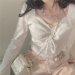 Valge Kawaii Lolita Naiste pluus, pits jaapani magusad pikkade varrukatega topid Naiste kootud vabaaja Korea vabaaja &otilde;hukesed topid S valge