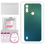 apgo kaitsev nahakleebis seljale, mis &uuml;hildub Motorola Moto E6i-ga, &uuml;mbriskilega, fooliumiga, vin&uuml;&uuml;liga &ndash; mustriga s&uuml;sinik-kameeleon CAKA1