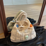 Yogodlns Uus villane kootud kott Moodne naiste kootud kott Lilledisaineri disainiga mitmek&uuml;lgne k&auml;ekott Naiste &otilde;lakott 36x32cm beež