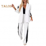 2 tk/komplekt Lady pidulik mantli p&uuml;kste komplekt, alla keeratav krae &Uuml;herealine pikkade varrukatega jope Lahtised triibulised laia s&auml;&auml;rega p&uuml;ksid vabaaja igap&auml;evane kandmine t&ouml;&ouml;le s&otilde;itmiseks M helehall v&auml;rv