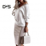 S&uuml;gistalvise naiste topseeliku komplekt V kaelusega pikkade varrukatega lahtine elastne pluus kootud &uuml;mbris k&otilde;rge v&ouml;&ouml;kohaga, &otilde;huke p&otilde;lvepikkusega Midi seelik kampsun top seelik S valge