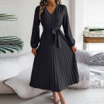 Naiste mood Retro &uuml;hev&auml;rviline elegantne V-kaelusega n&ouml;&ouml;plipsuga pikkade varrukatega v&ouml;&ouml;koha plisseeritud kleit M must