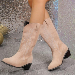 Retro kauboisaapad naistele libisemisvastased s&auml;&auml;re keskosa Cowgirl saapad, tikitud l&auml;&auml;nepoolse terava varbaga turske plokkkontsaga laia s&auml;&auml;rega saapad naistele 36 khaki