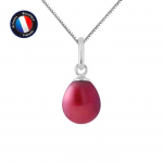 Pendentif - PERLINEA - V&eacute;ritable Perle de Culture d'Eau Douce Rouge 7-8 mm - Or Blanc - Cha&icirc;ne 42 cm