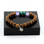 Pierres et Min&eacute;raux. Bracelet Perles Malachite du Congo + Calc&eacute;doine lavande + bois 8 mm. Fabriqu&eacute; en France.