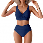 2 tk/komplekt Naiste bikiinikomplekt S&uuml;gava V-kaelusega Polsterdatud Traadita Rinnahoidja K&otilde;rge V&ouml;&ouml;kohaga Ujumisriided S sinine