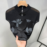 Uus hiina stiilis naiste topp s&uuml;gisel Uus tr&uuml;kitud Vest Stand krae Retro s&auml;rk v&otilde;rk T-s&auml;rk S must