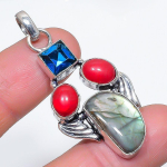 Natural Labradorite, Coral 925 Sterling Silver Jewelry Pendant 2.05 j8v70