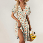 Naiste suvine kleit, lahtine rannapuhkuse vabaaja s&uuml;gava V-kaelusega vestkleit, elegantne s&auml;rkkleit L beež