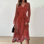 Naiste s&uuml;gis- ja talvine vabaajamoe V-kaelusega pikkade varrukatega lillemustriga pikk kleit L beež