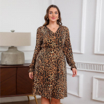 S&uuml;gisene k&otilde;rgelastne kootud Leopard V-kaelusega keskmise pikkusega kleit pluss suuruses seksikas pikkade varrukatega naiste kleit 1XL