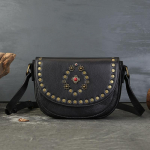 Johnature Ehtne Nahk Naiste Sadulakott Retro K&auml;sit&ouml;&ouml; Neetidega &Otilde;la- ja Crossbody Kotid must