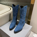 Sinised Cowboy Knighti mootorratta naiste saapad, tikitud retro l&auml;&auml;nelikud paksud kontsad, teksariidest pools&auml;&auml;rega saapad 2024 35 sinine