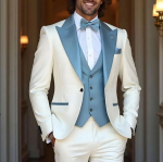 Uus valge ja sinine ametlik meeste &uuml;likond pruudile, peiupojale, pulmapeole, ballile, &auml;rile. Meeste smokingid 3-osaline komplekt: pintsak, vest, p&uuml;ksid S elevandiluuvalge/kadetthall v&auml;rv