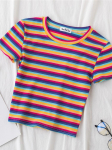 Uus T-s&auml;rk naiste vikerkaare triibulised topid Slim Fit t-s&auml;rk Harajuku T-s&auml;rk Suvine l&uuml;hikeste varrukatega Korea T-s&auml;rk naiselik riided Topid M lilla