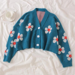Preppy Style lilledega kootud kardiganid kampsunid naiste V-kaelusega lahtised elegantsed paksud pullid Femme print l&uuml;hike vabaaja mantel One Size roheline